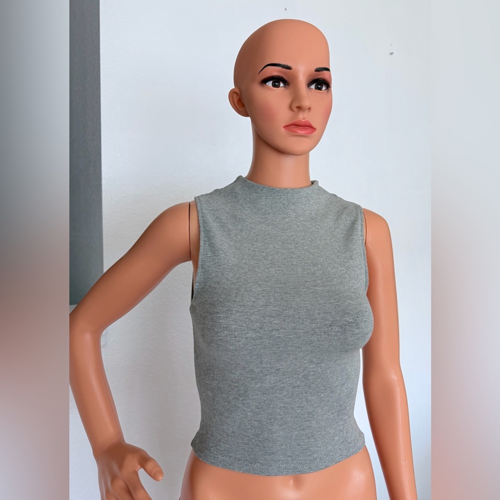 Zara Light Gray Ribbed Mock Neck Sleeveless Tank